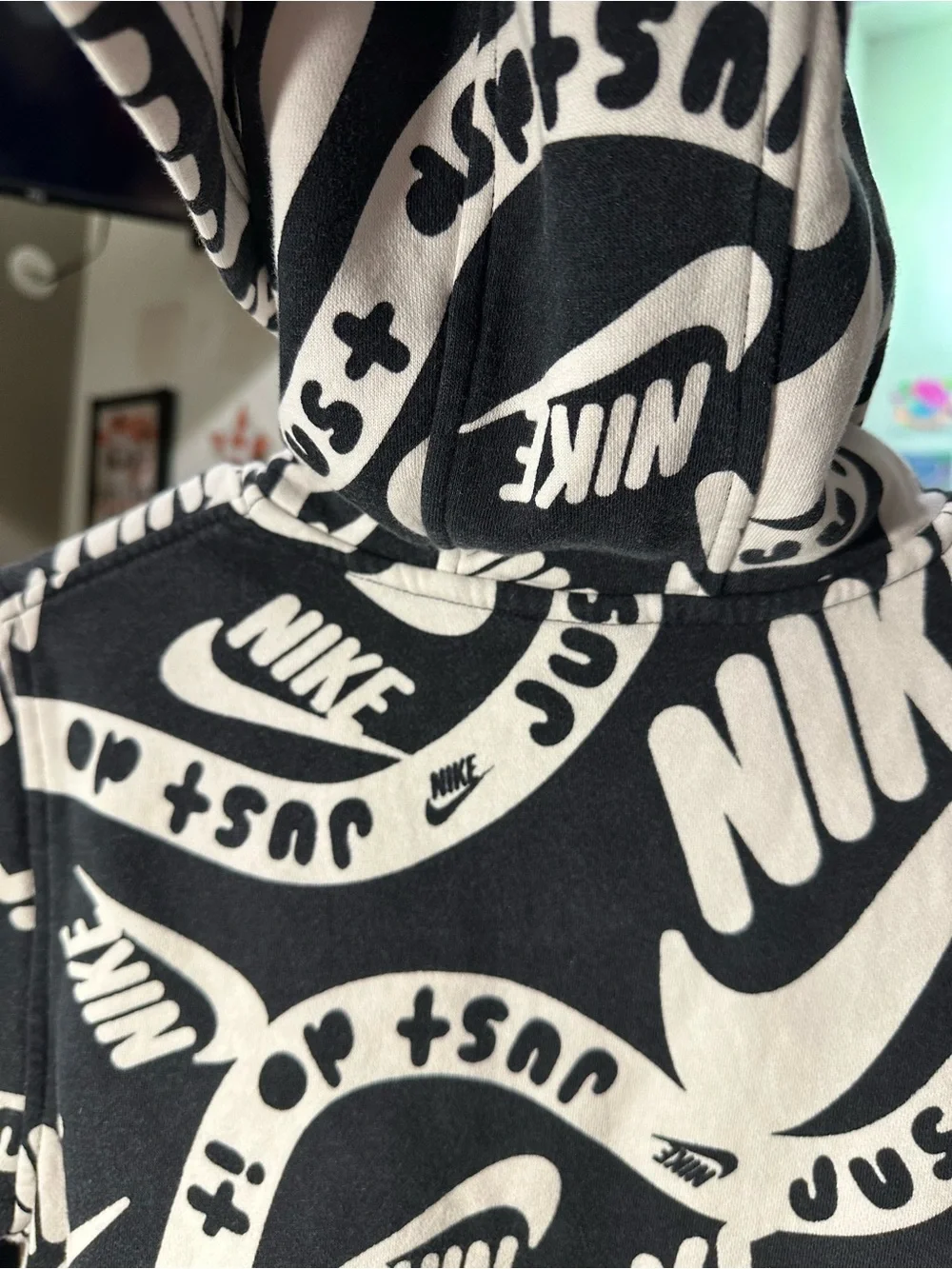Nike Sportswear Club Fleece Kids' Black White All-Over Print Pullover Hoodie